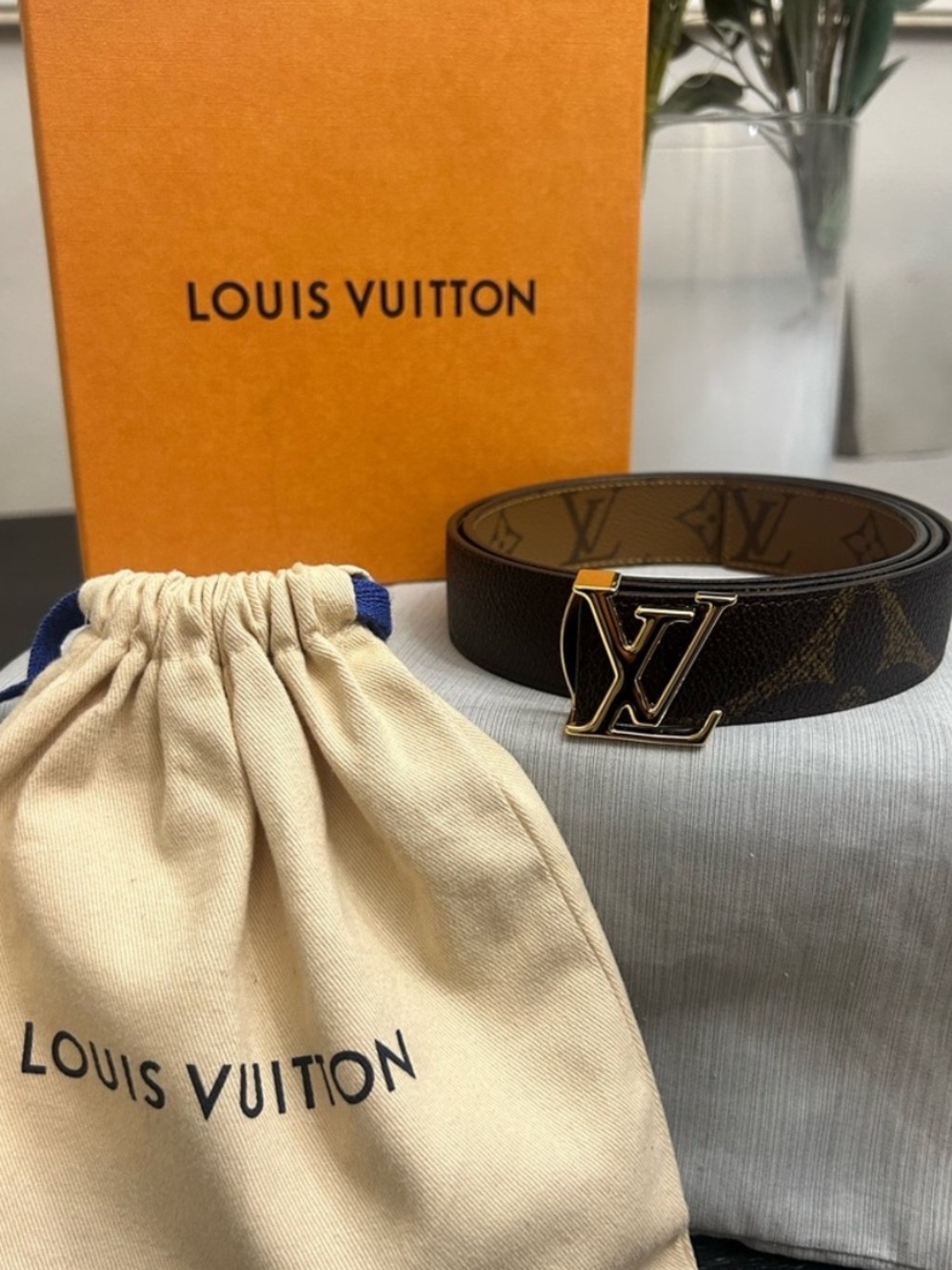 Authentic Louis Vuitton Reversible Brown Monogram Belt with Gold LV Buckle